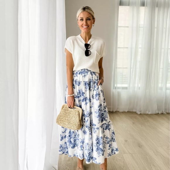 Abercrombie Poplin blue floral and White Tiered A-line Midi Skirt medium Spanish - Picture 3 of 6